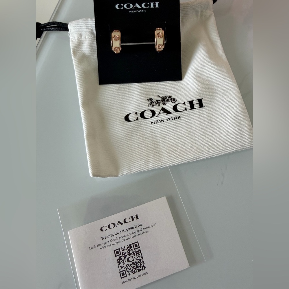 Coach Rose Gold cream tea rose enamel Hoop Earrings